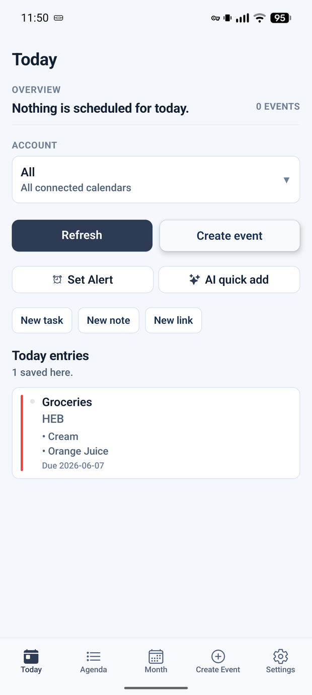 CalyFly task and shopping-list view