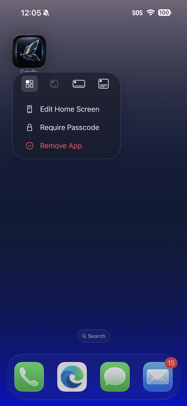 Choosing the CalyFly widget on iPhone
